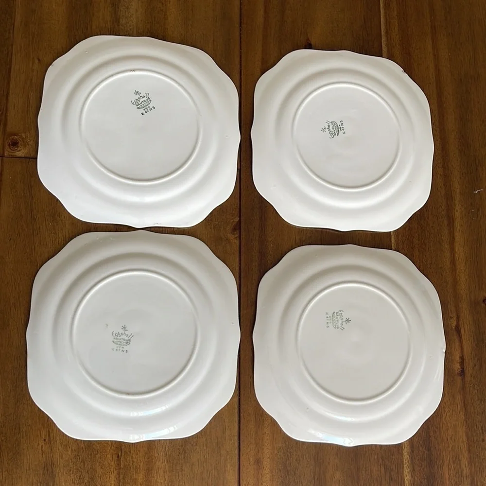 Vintage set Eggshell Nautilus 8” Square salad Plates Floral Bouquet Gold Trim.